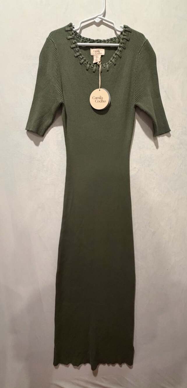 Camila Coelho Olive Green Ribbed Knit Bodycon Midi Dress with Braided Neckline